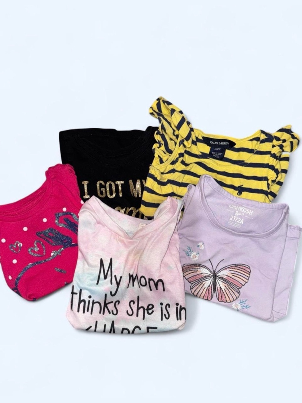 Girls Mixed Graphic Tee Bundle - Yellow Stripe, Pink, Lavender, Black